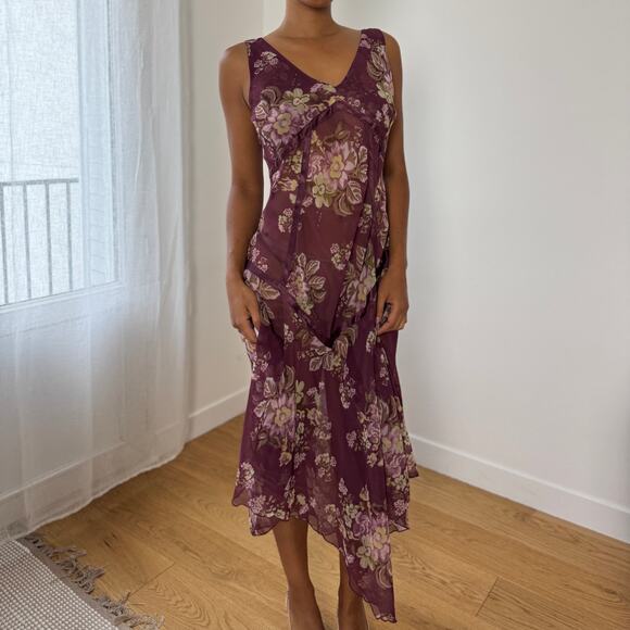 Italian Vintage Semi-Sheer Chiffon Bias-Cut Floral Midi Dress (M/L) - Picture 5 of 9